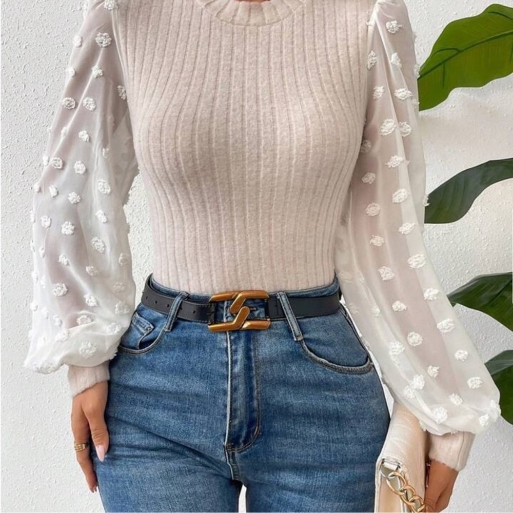 SHEIN Cream Ribbed Top with Sheer Floral Sleeves